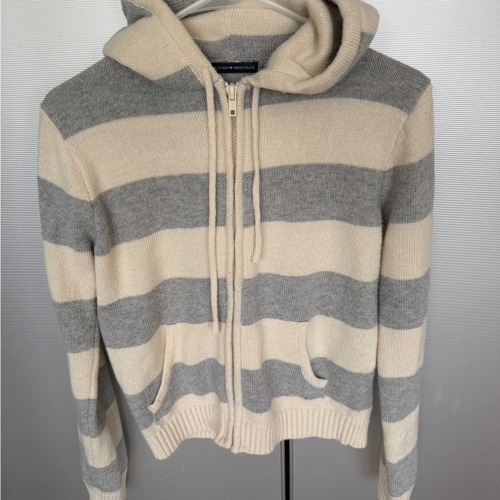 Brandy Melville Striped Knit Zip Sweater Cream & Gray